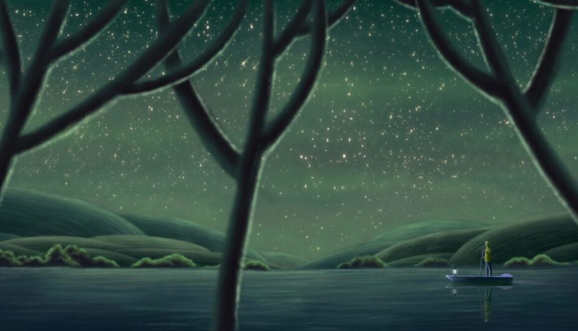 A fantasy drawing of a person conducting a raft on a starlit lake beside rounded hills.