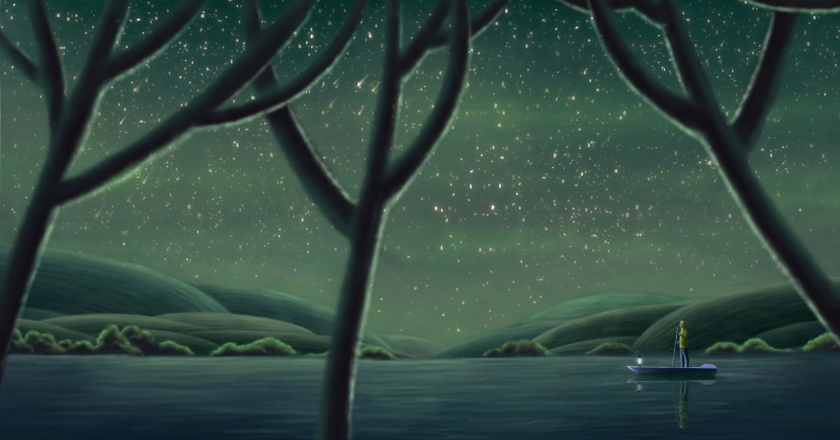 A fantasy drawing of a person conducting a raft on a starlit lake beside rounded hills.