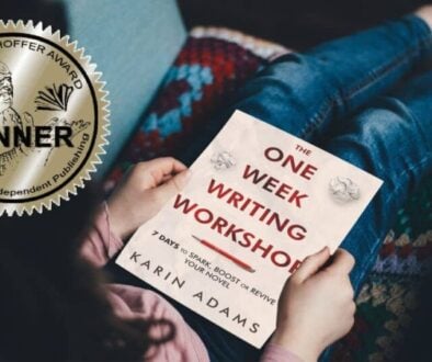 A woman holding The One Week Writing Workshop book on her lap. A gold sticker superimposed on the image identifies the book as a winner of The Eric Hoffer Book Award.