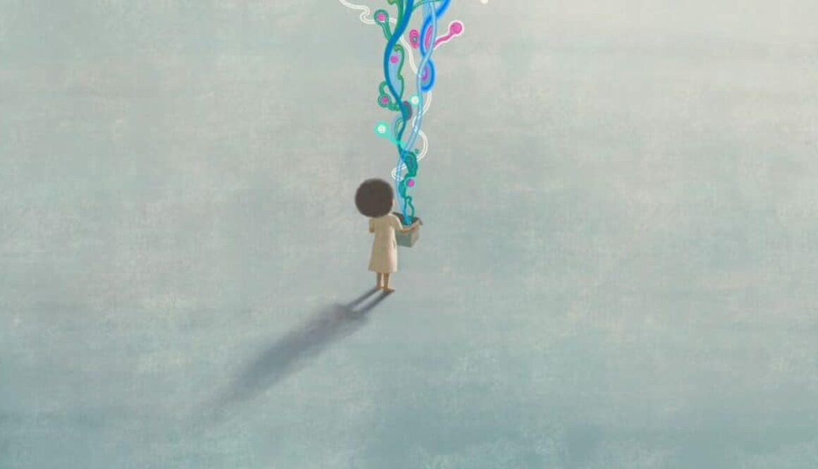 a little girl holds a box out of which flows waving bands of color