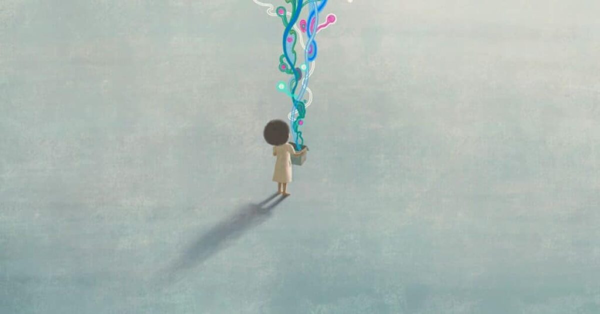 a little girl holds a box out of which flows waving bands of color