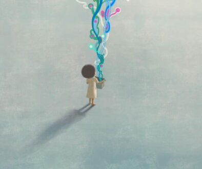 Begin-With-Character a little girl holds a box out of which flows waving bands of color