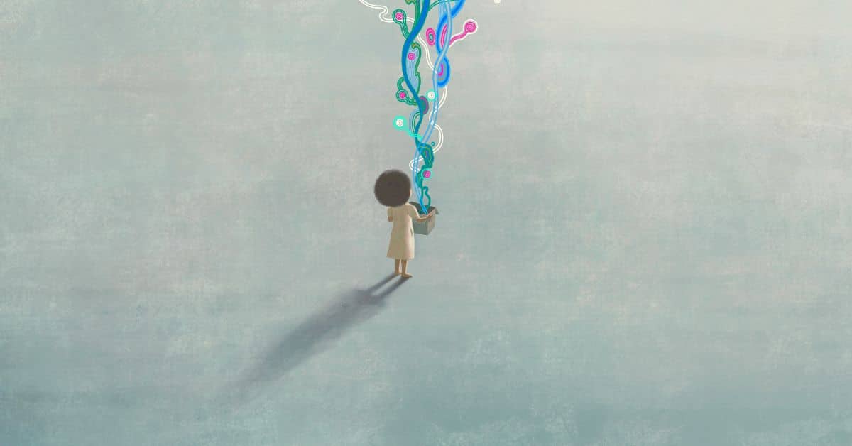 a little girl holds a box out of which flows waving bands of color